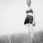 Swim fashion in 1949. June at 16, probably at Brackley Beach in PEI.