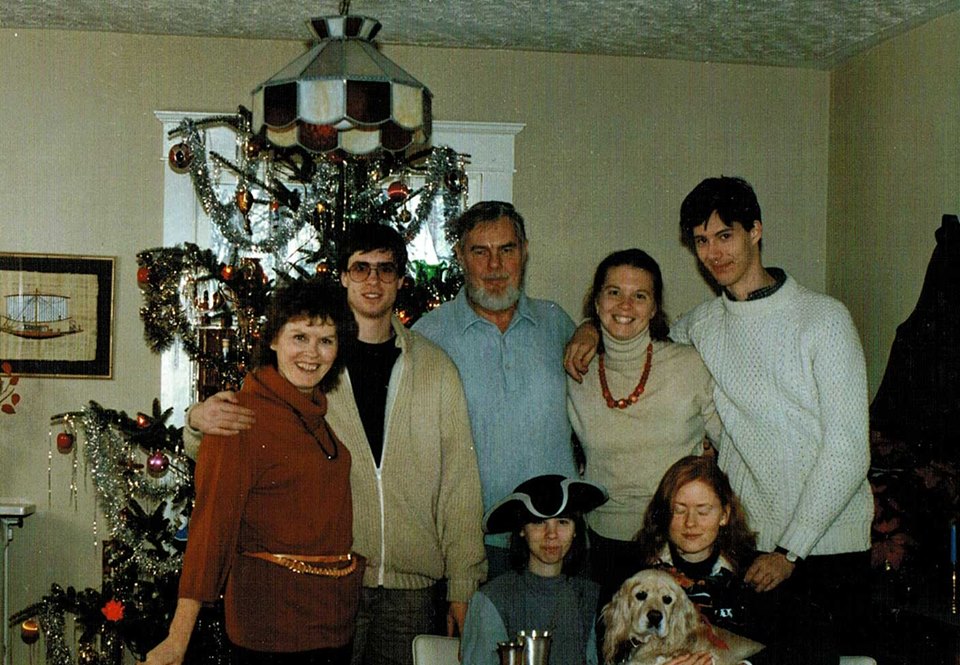 Here we are in a blended family Christmas, c. 1984. David Maginley (right) and my brother (2nd left) had been friends, and sort of brought their parents together.